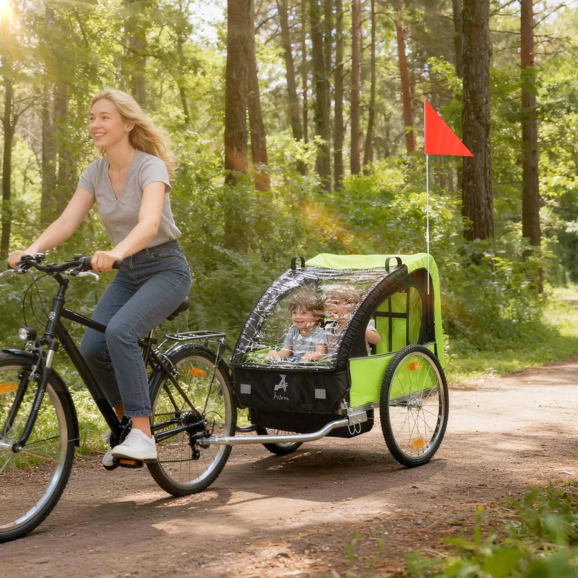 2-Seat Child Bike Trailer, Steel Frame, 5-Point Harness, Green Kids Bike Trailers at Gallery Canada