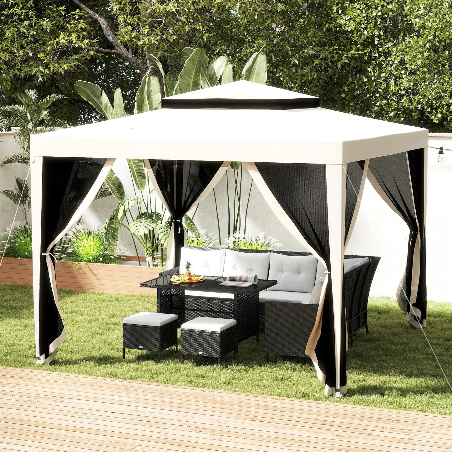 10' x 10' Outdoor Canopy Tent, Mesh Netting, Double Tier Roof, Cream White Gazebos at Gallery Canada