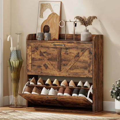 Narrow Shoe Storage Cabinet, Farmhouse Slim Shoe Cabinet with 2 Flip Drawers, Adjustable Shelves, Rustic Brown Shoe Storage Cabinets & Racks at Gallery Canada