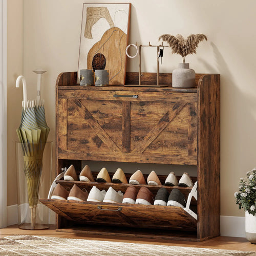 Narrow Shoe Storage Cabinet, Farmhouse Slim Shoe Cabinet with 2 Flip Drawers, Adjustable Shelves, Rustic Brown