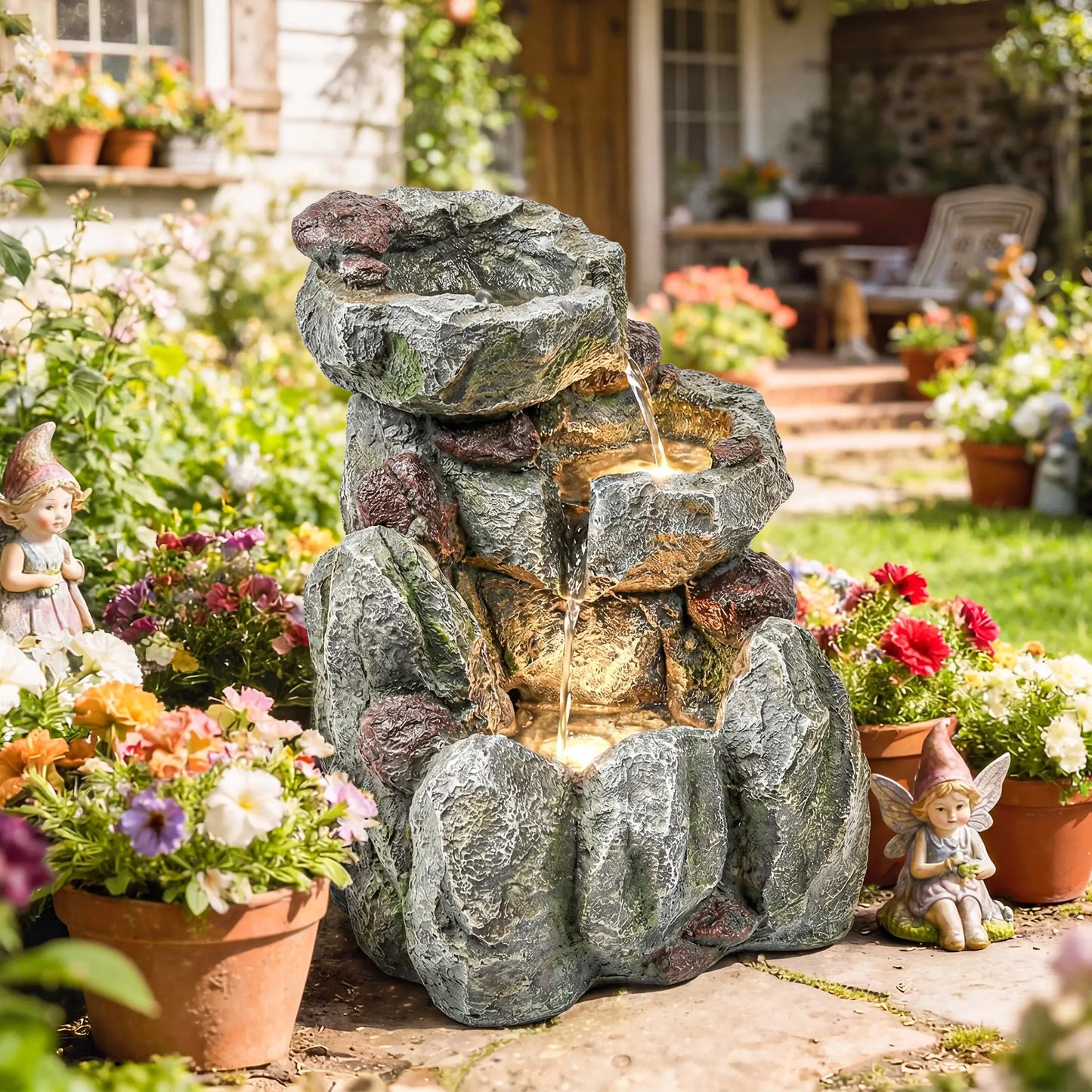 Outdoor Fountain, LED Lights, Adjustable Flow, 3-Tier, Rustic Rock Look, Grey Water Fountains at Gallery Canada