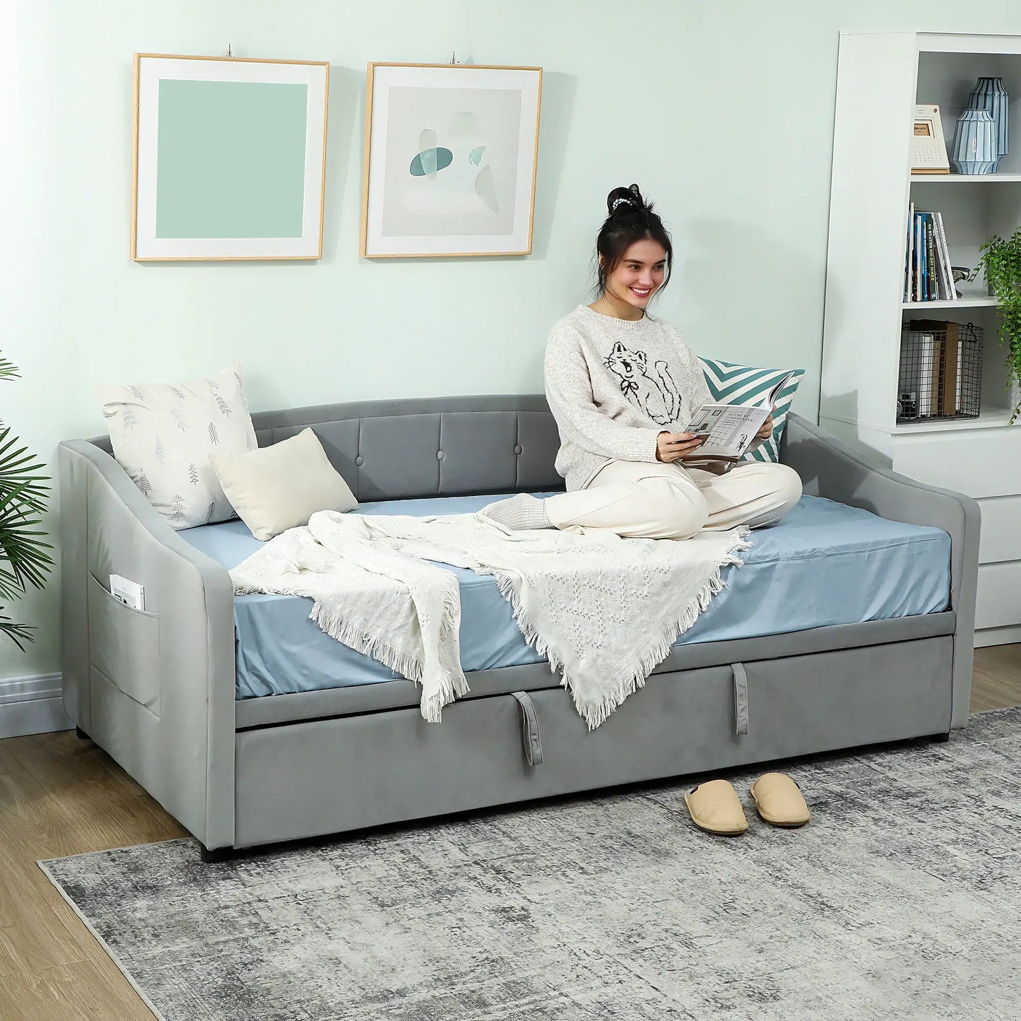 Upholstered Twin Size Trundle Bed, With Headboard And Pockets, Light Grey