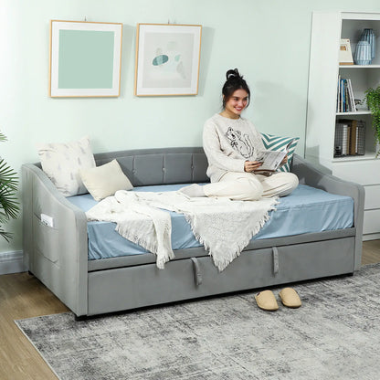 Upholstered Twin Size Trundle Bed, With Headboard And Pockets, Light Grey