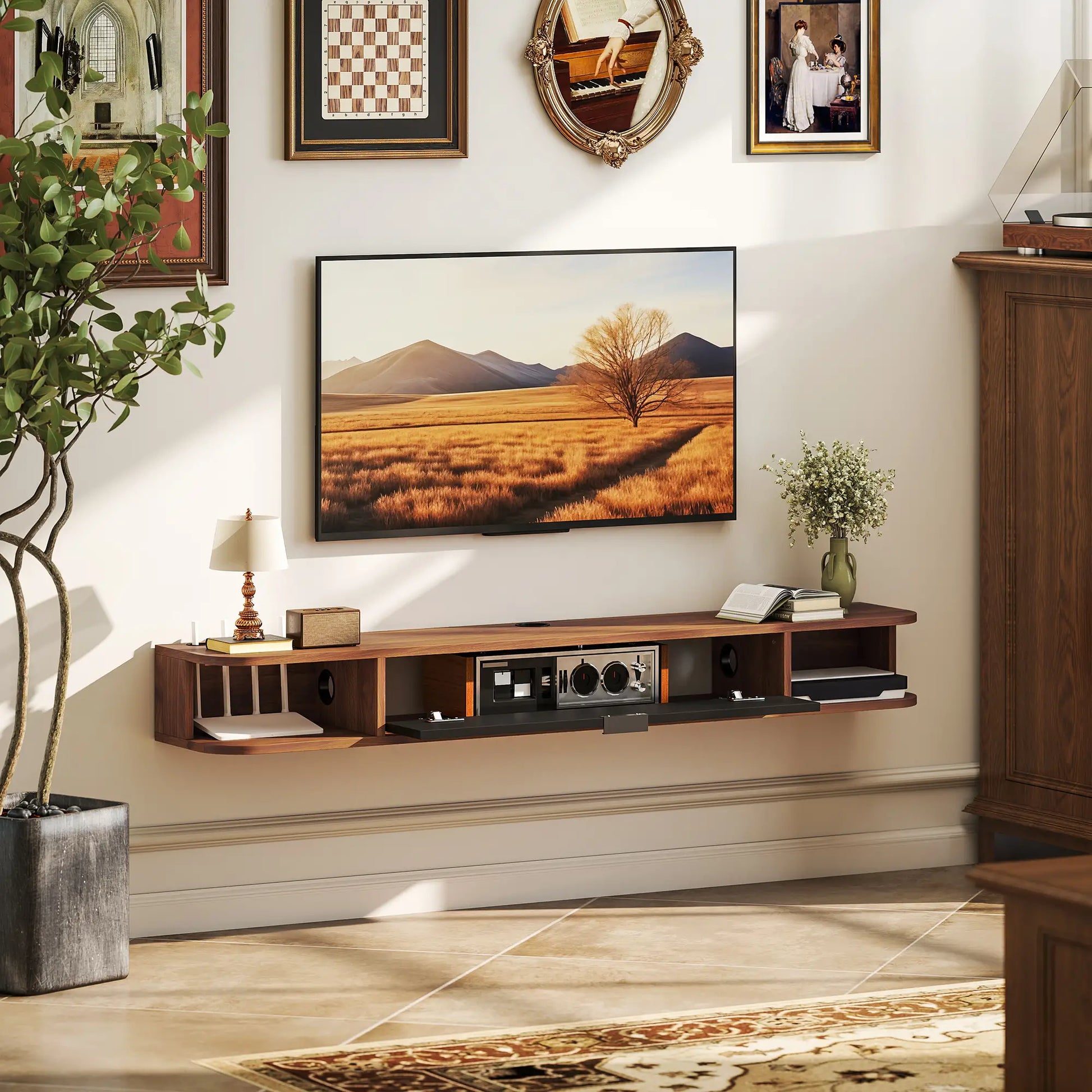 55 Inch Floating TV Stand, Wall Mounted Media Console, Walnut TV Stands at Gallery Canada