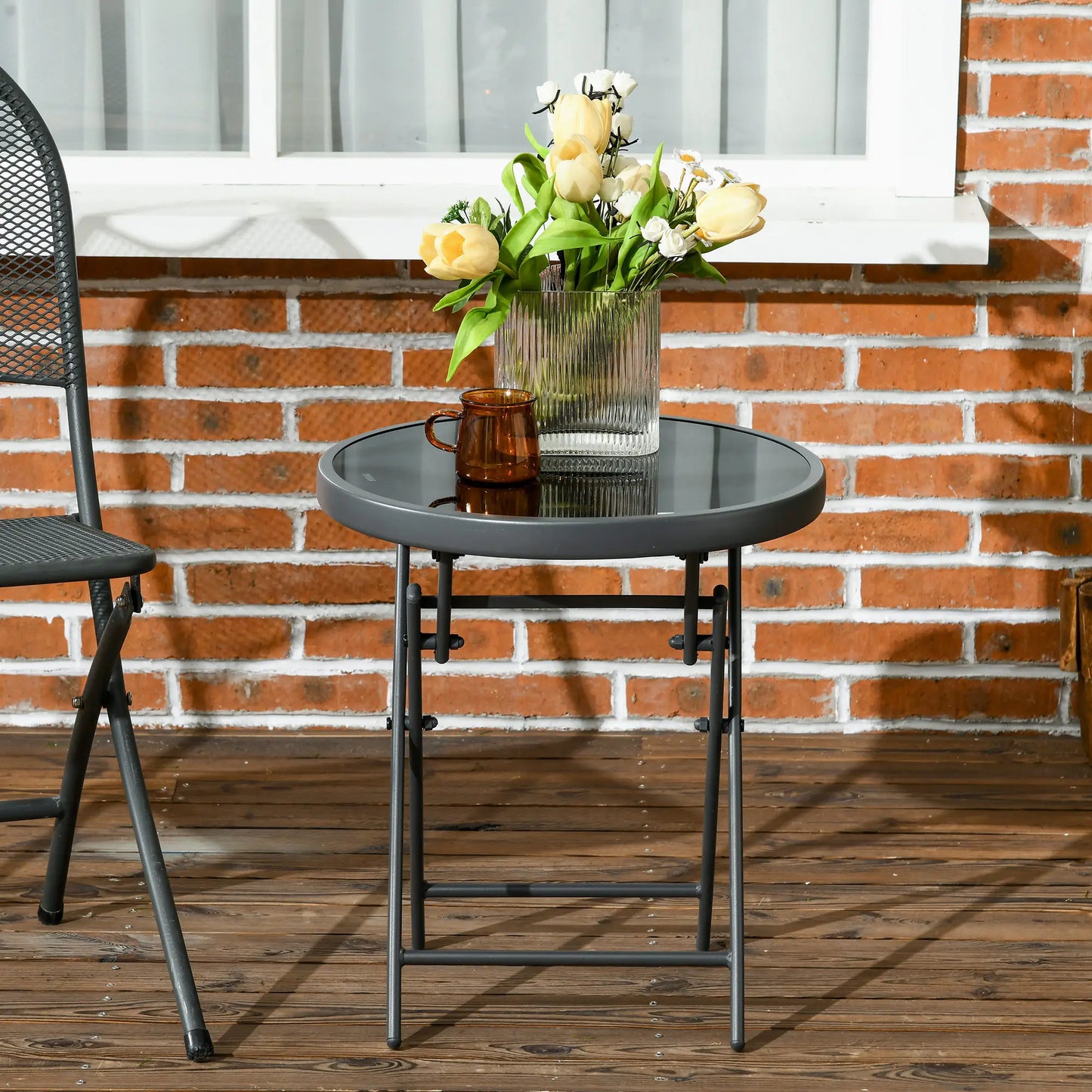 18" Outdoor Round Folding Table, Tempered Glass Top, Black Patio Side Tables at Gallery Canada