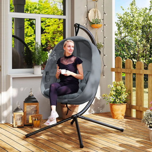 Hanging Egg Chair, Outdoor Swing with Stand, Folding Basket, Grey Patio Swings with Stand Black, Grey at Gallery Canada