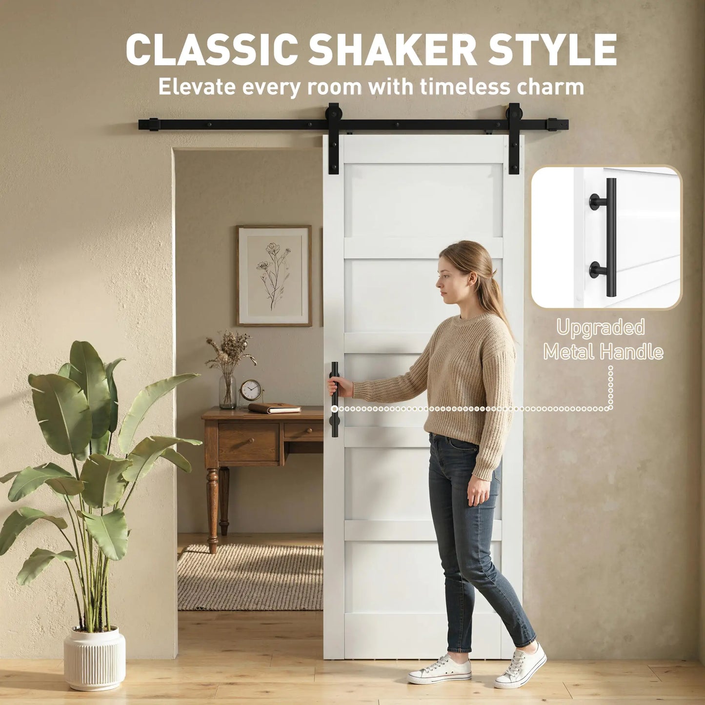 32x84 Sliding Barn Door with Hardware Kit, Shaker Style, White Wood Grain, White Door Hardware at Gallery Canada