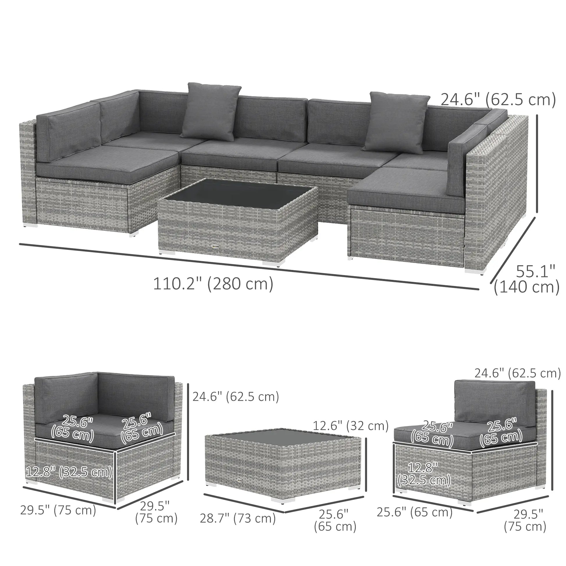 7pc Garden Wicker Sectional Set, Tea Table, Patio Rattan Sofa, Grey Patio Furniture Sets at Gallery Canada
