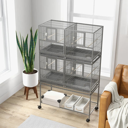 61"H Divided Breeder Bird Cage, Rolling Stand, Removable Tray, Dark Grey Bird Cages at Gallery Canada