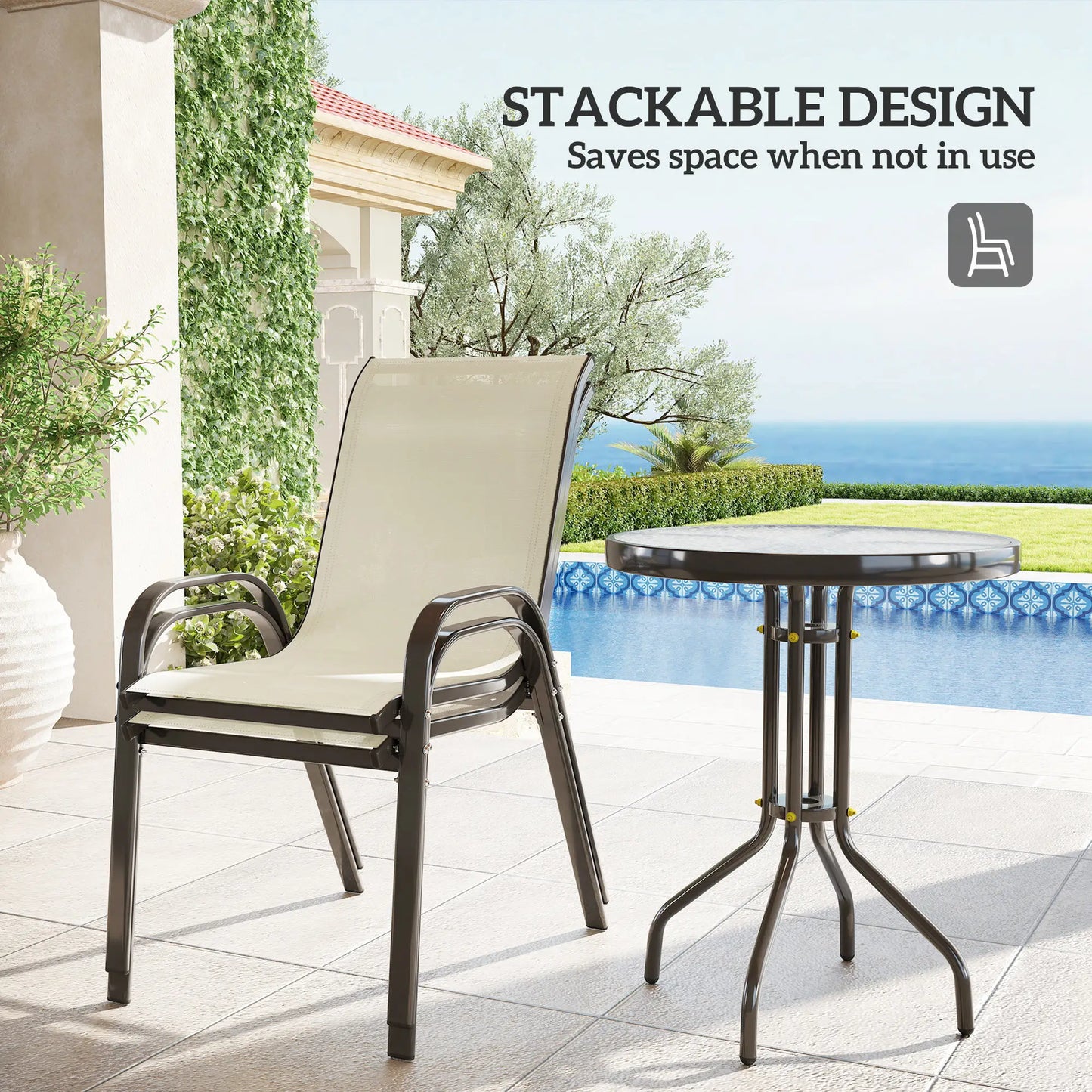 3 Piece Bistro Set, Stackable Mesh Chairs, Glass Table, Beige Bistro Sets at Gallery Canada