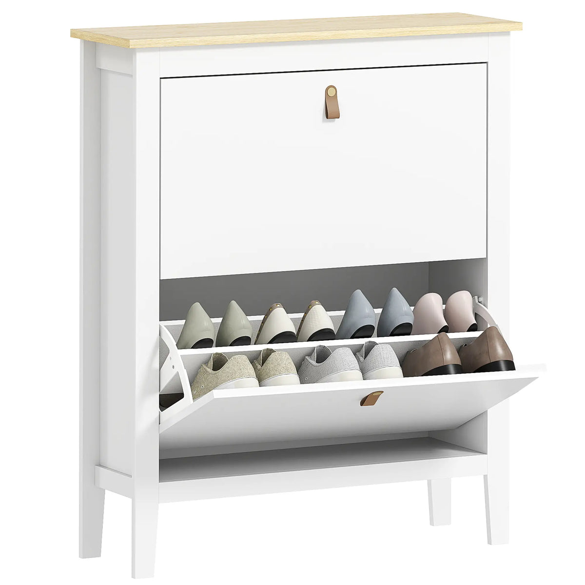 Narrow Shoe Cabinet, 2 Flip Drawers, Adjustable Shelves, Holds 10-14 Pairs, White