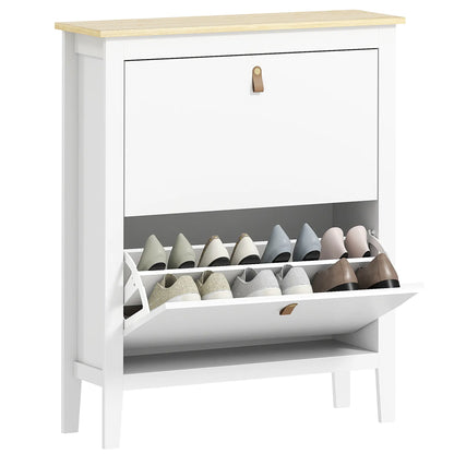 Narrow Shoe Cabinet, 2 Flip Drawers, Adjustable Shelves, Holds 10-14 Pairs, White