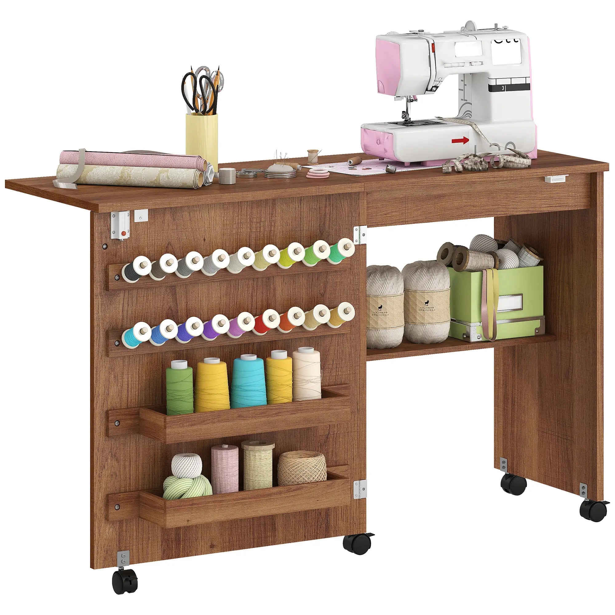Sewing Machine Table on Wheels, Folding Craft Table with Storage, Brown Sewing Cabinets at Gallery Canada