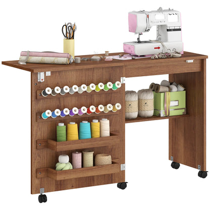 Sewing Machine Table on Wheels, Folding Craft Table with Storage, Brown Sewing Cabinets at Gallery Canada