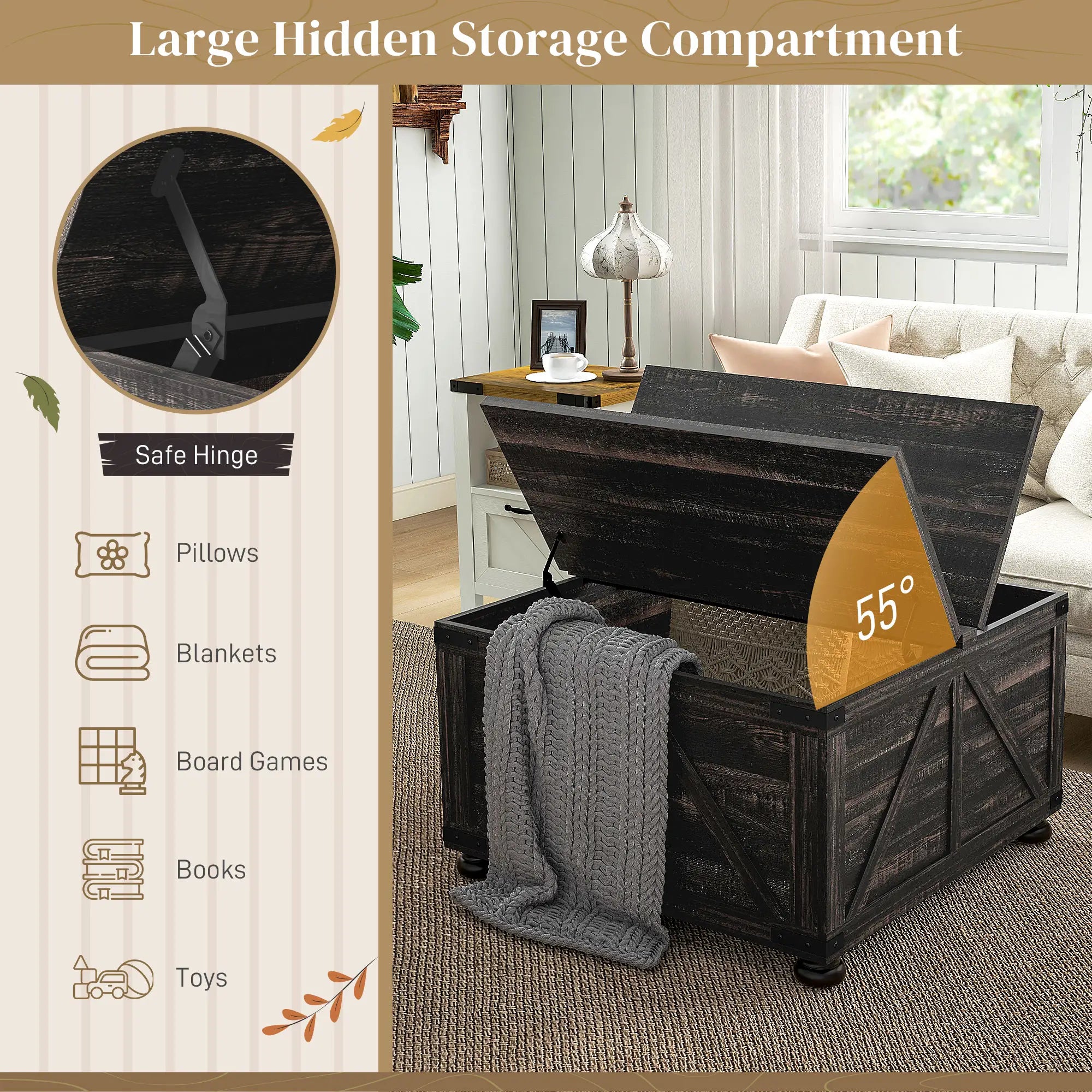 Farmhouse Coffee Table, Square Flip-Top Lid, Hidden Storage, Distressed, Brown Coffee Tables at Gallery Canada