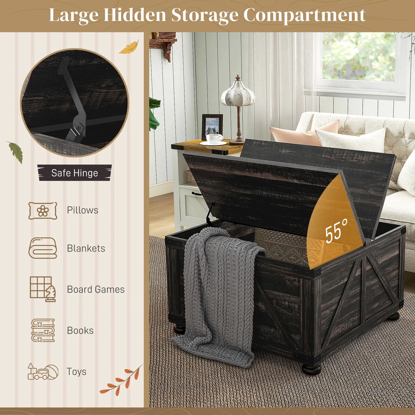 Farmhouse Coffee Table, Square Flip-Top Lid, Hidden Storage, Distressed, Brown Coffee Tables at Gallery Canada