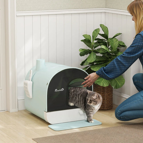 Cat Litter Box with Lid, Removable Tray, Scoop, Filter, Green