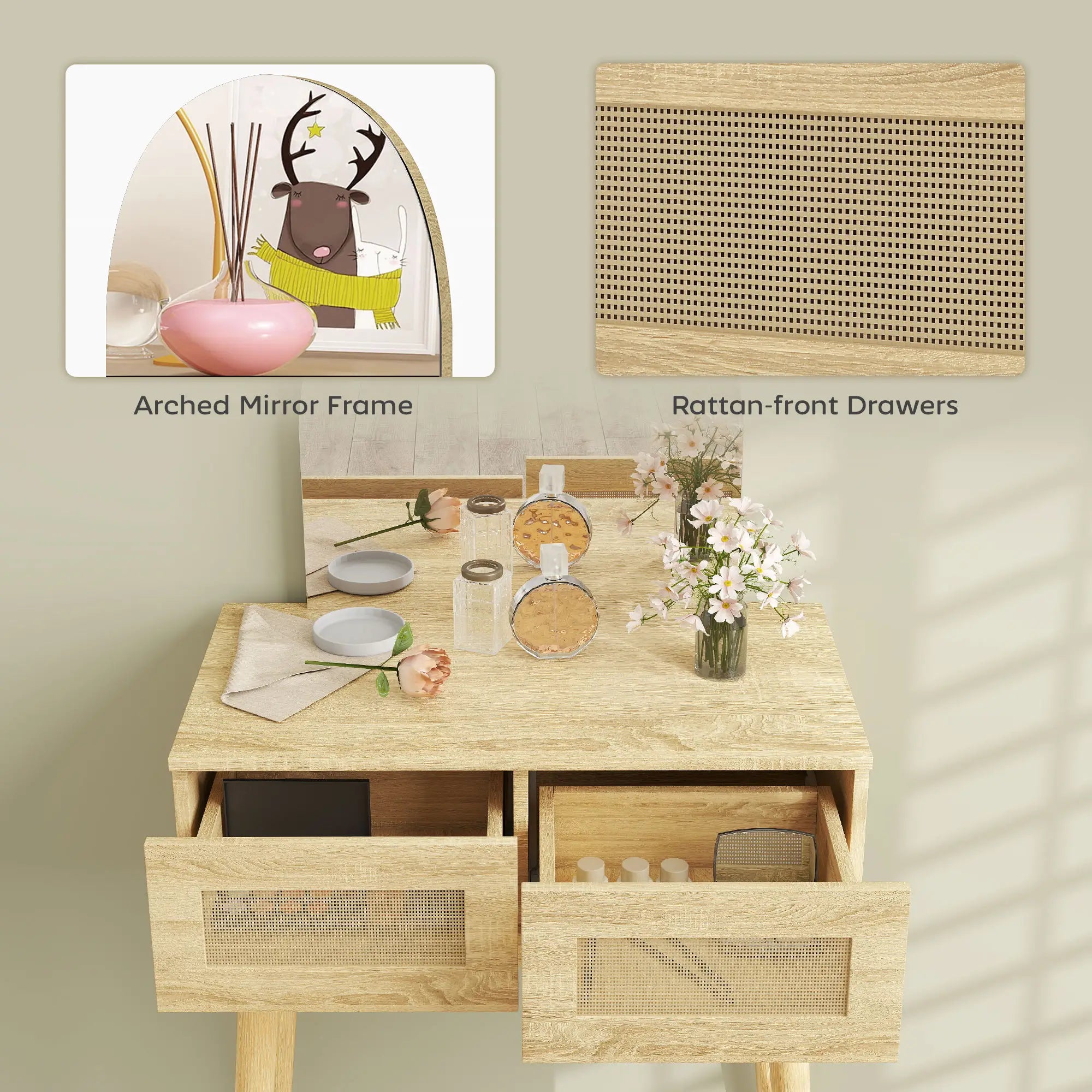 Vanity Desk With Mirror, 2 Drawers, Natural Wood Dressing & Vanity Tables at Gallery Canada