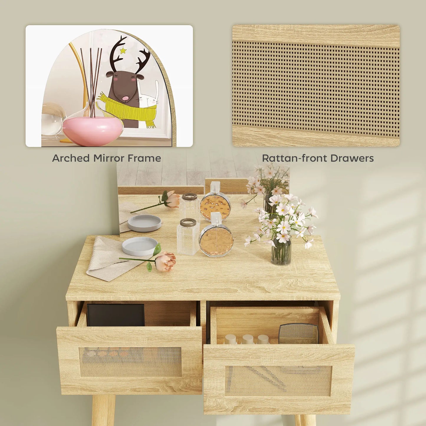 Vanity Desk With Mirror, 2 Drawers, Natural Wood Dressing & Vanity Tables at Gallery Canada