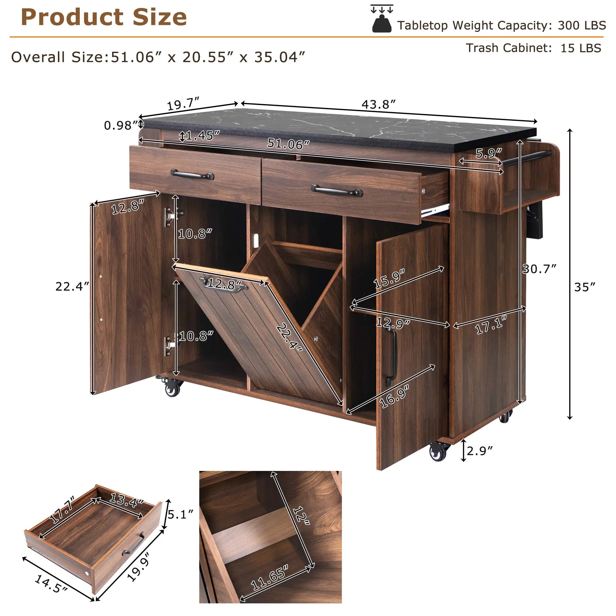 Adjustable Shelf Island, Trash Cabinet, Spice Rack, 51