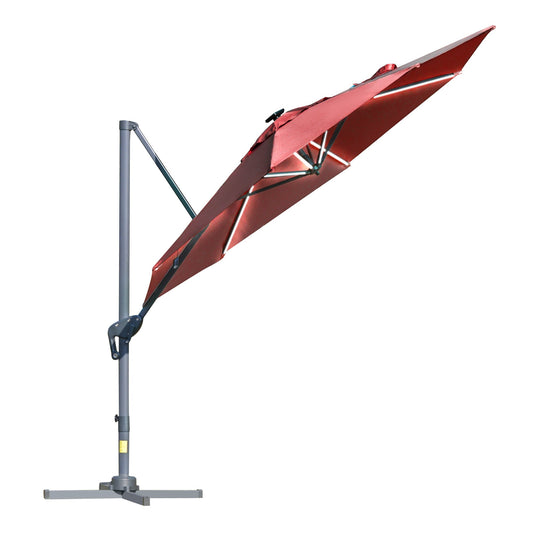 3m/10ft Outdoor Cantilever Sun Umbrella Solar LED Lighted Sun Shade Aluminum Market Umbrella with Adjustable Angle &; 360° Rotation for Backyard, Poolside, Lawn and Garden Wine Red - Gallery Canada