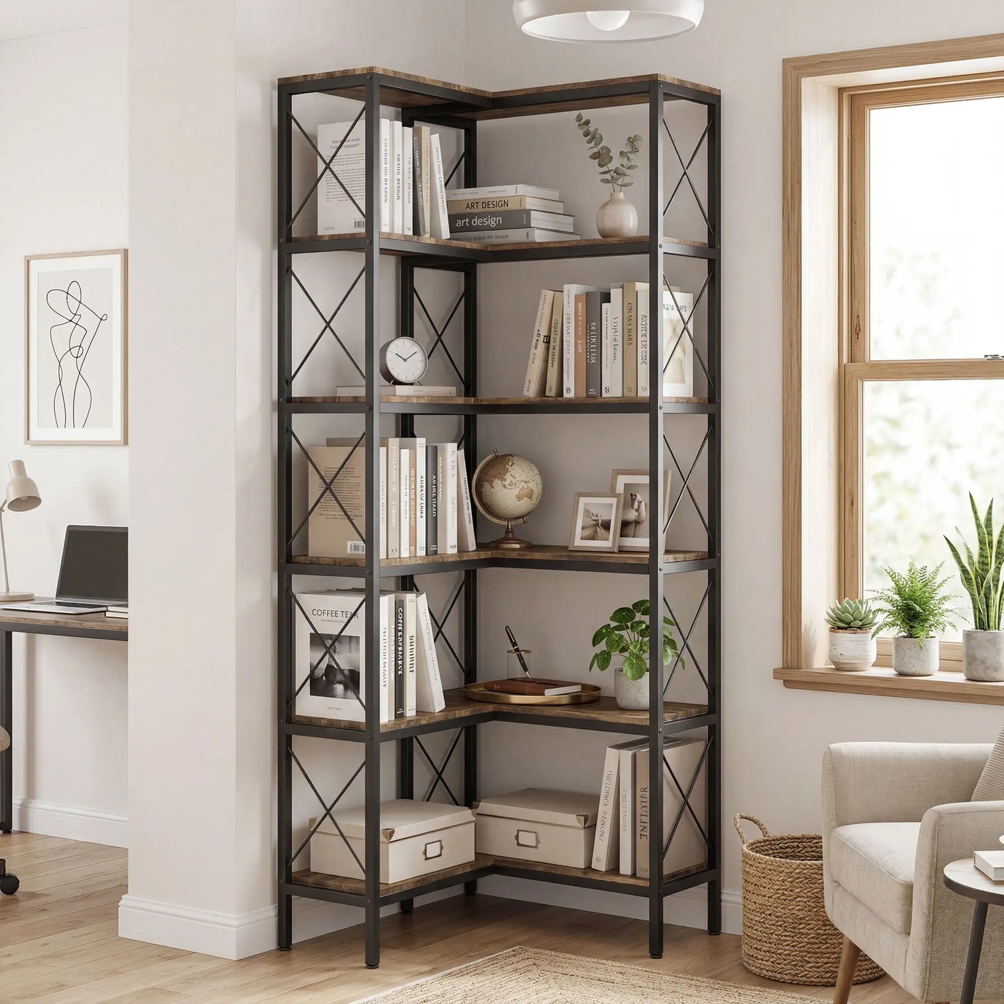 6-Tier L-Shaped Bookshelf, Freestanding Corner Bookcase with Metal Frame, Rustic Brown Display Bookshelves at Gallery Canada
