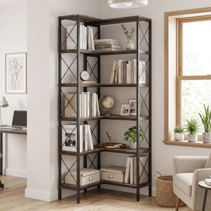 6-Tier L-Shaped Bookshelf, Freestanding Corner Bookcase with Metal Frame, Rustic Brown Display Bookshelves at Gallery Canada