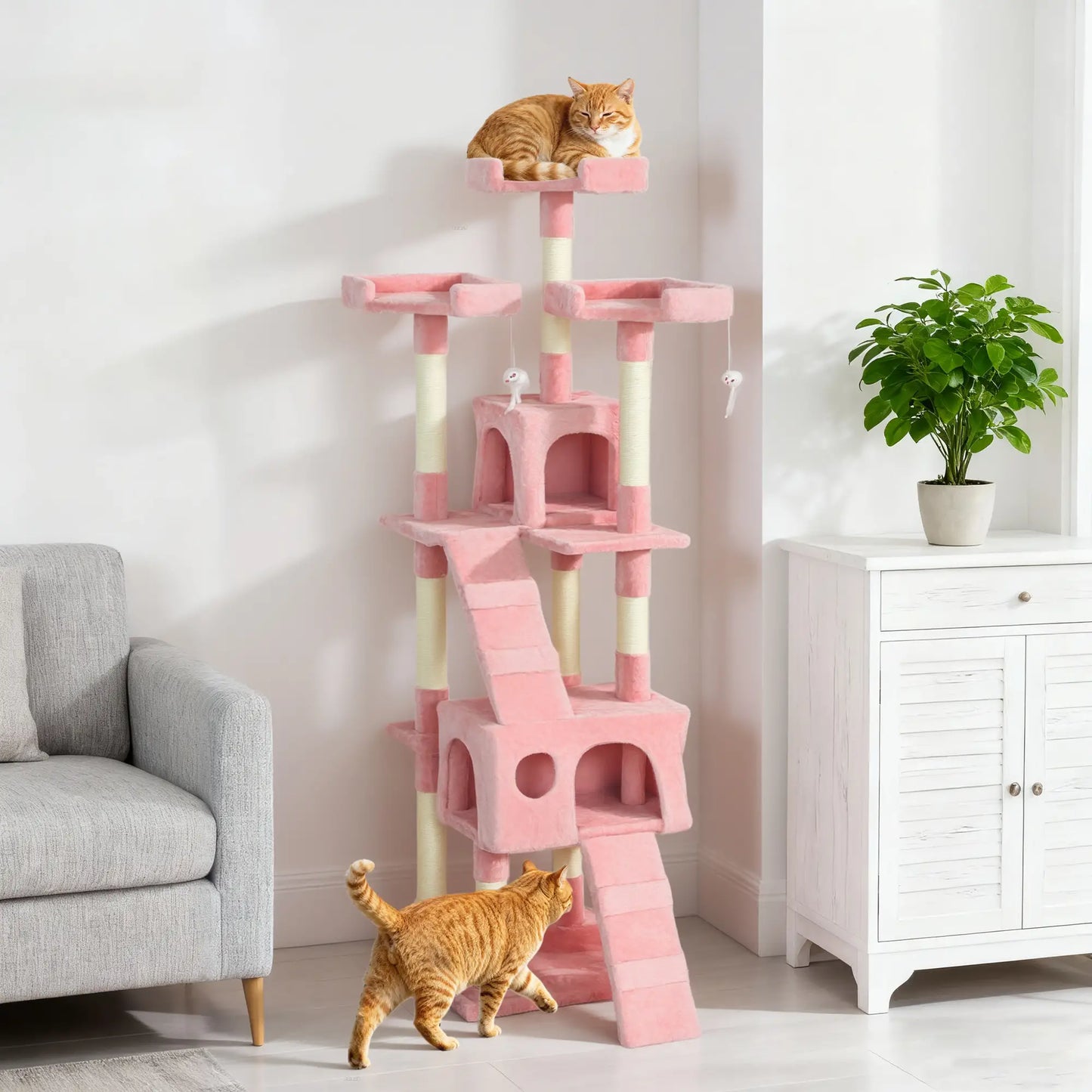 68-Inch Multi-Level Cat Scratching Tree, Kitty Activity Center, Pink Multi-Level Cat Towers at Gallery Canada