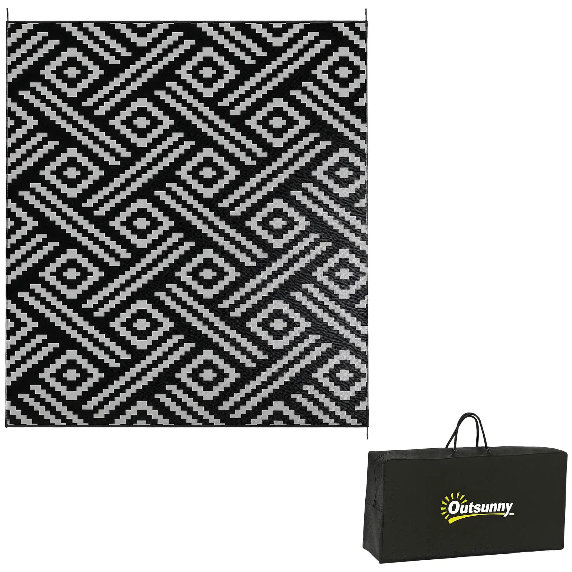 Reversible Outdoor Rug, Waterproof Plastic Straw, 8' x 10', Geometric, Black Grey Outdoor Reversible Rugs at Gallery Canada