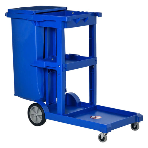 Commercial Janitorial Cart, 3 Tier Shelves, Cleaning Trolley, Rubbish Bag, Mop Mount, Blue