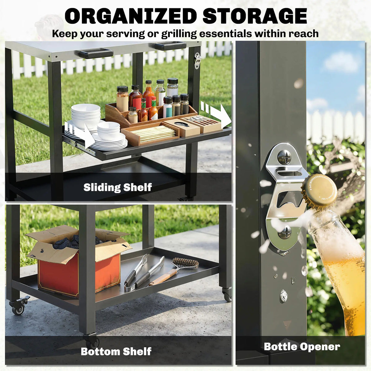 Outdoor Grill Cart, Stainless Steel Tabletop, 2 Shelves, Lockable Wheels