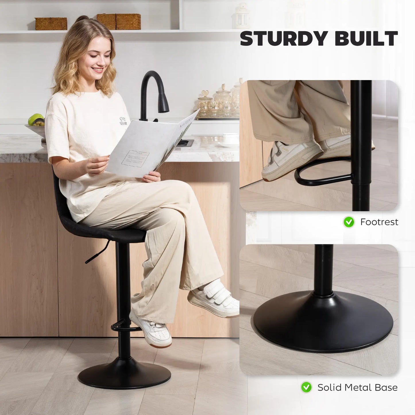 Adjustable Swivel Bar Stools, Set Of 2, Leathaire Upholstery, Black Bar Stools at Gallery Canada