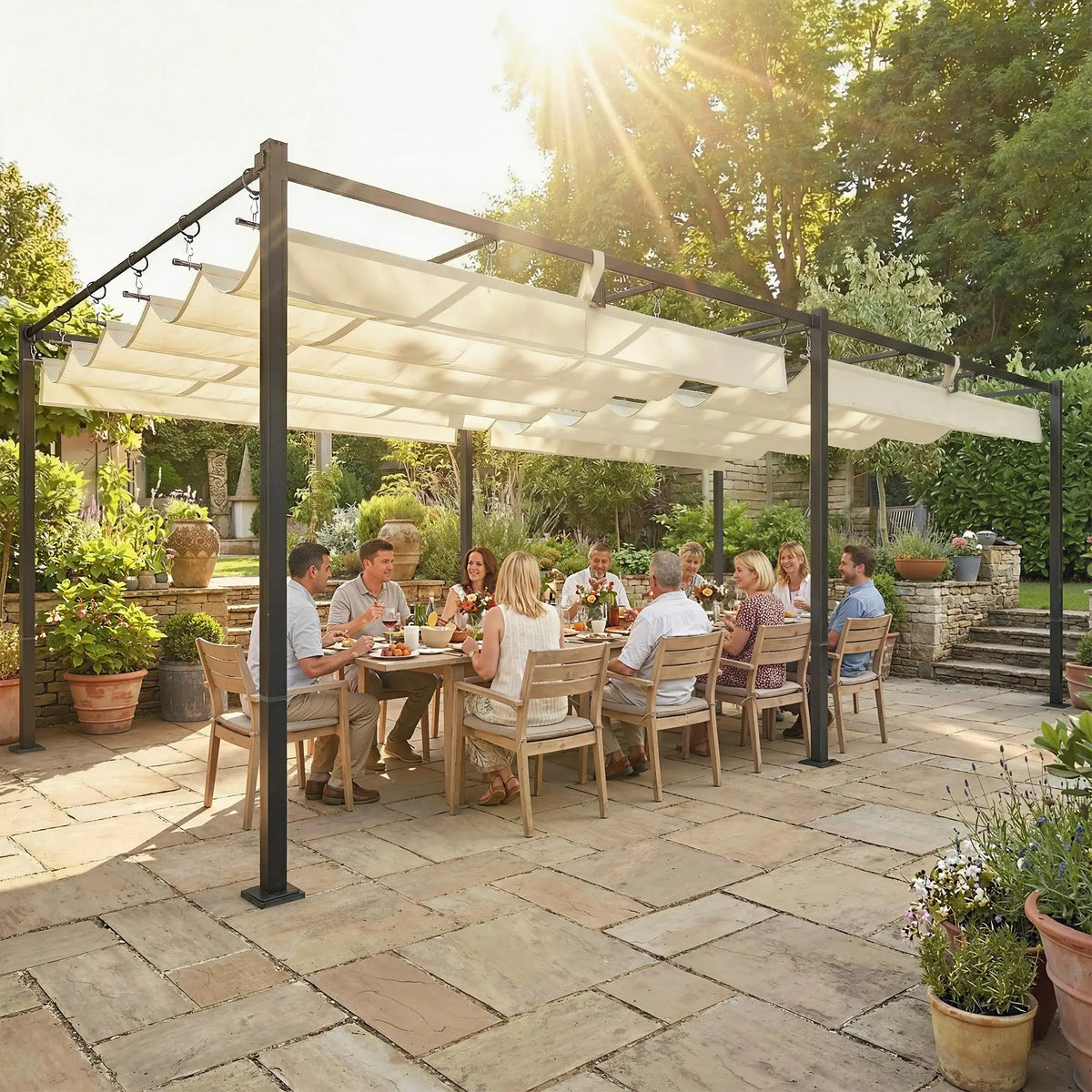 19' x 10' Pergola, Retractable Canopy, UV50+, Cream Pergolas at Gallery Canada