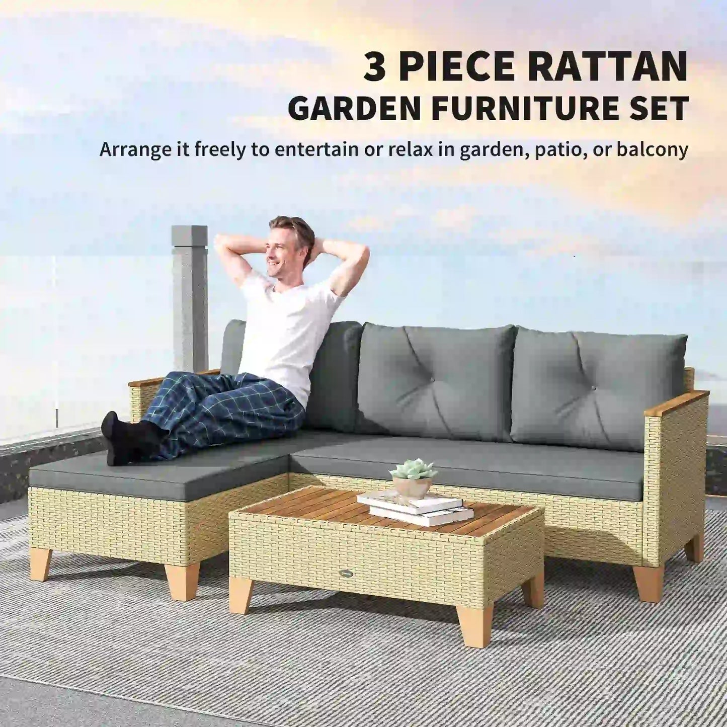 3 Piece L-Shaped Patio Set, Wood Top Coffee Table, Light Grey Patio Furniture Sets at Gallery Canada