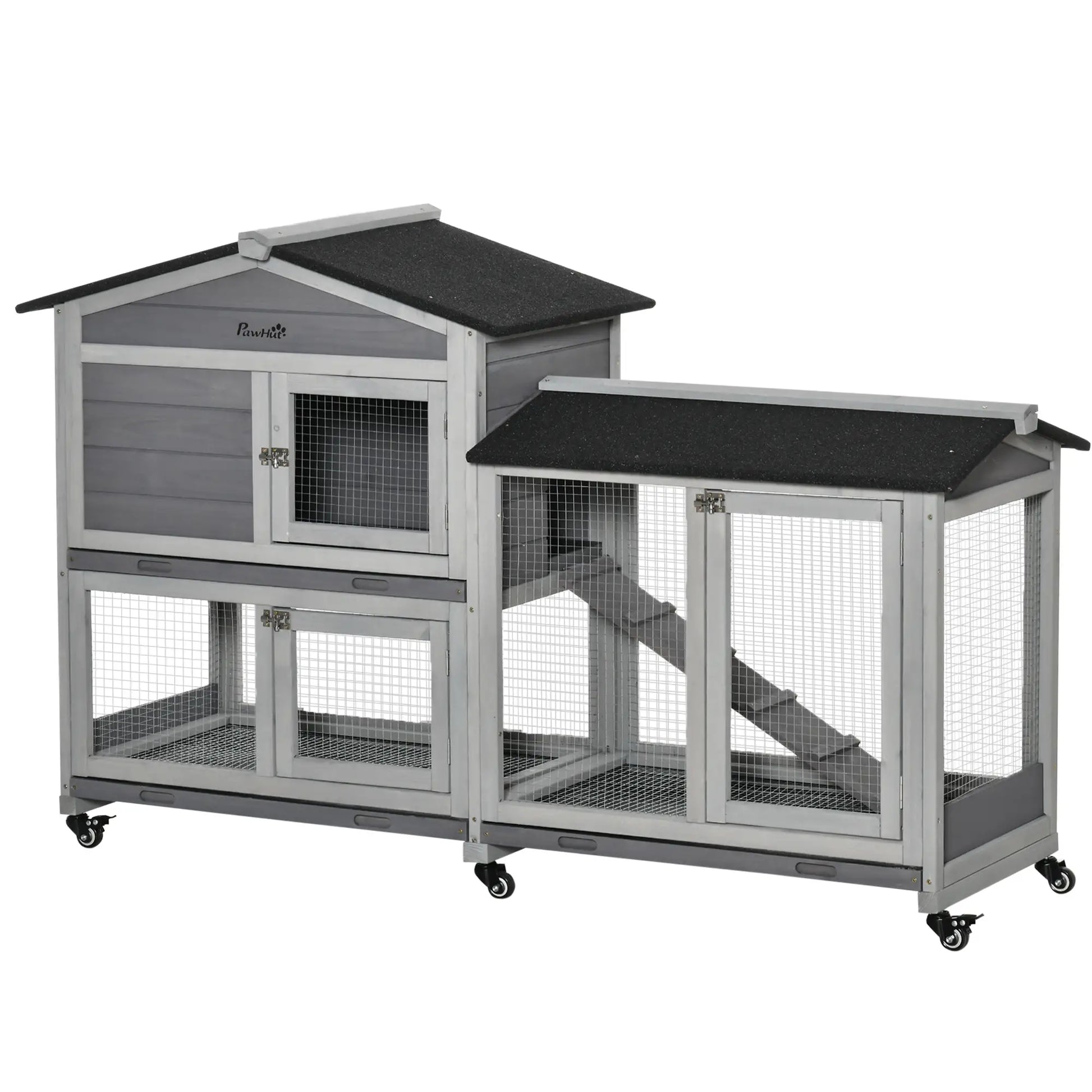 62" Wooden Rabbit Hutch with Wheels, Run Box, Tray, Ramp, Light Grey Rabbit Hutch at Gallery Canada