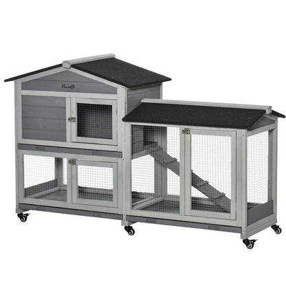 62" Wooden Rabbit Hutch with Wheels, Run Box, Tray, Ramp, Light Grey Rabbit Hutch at Gallery Canada