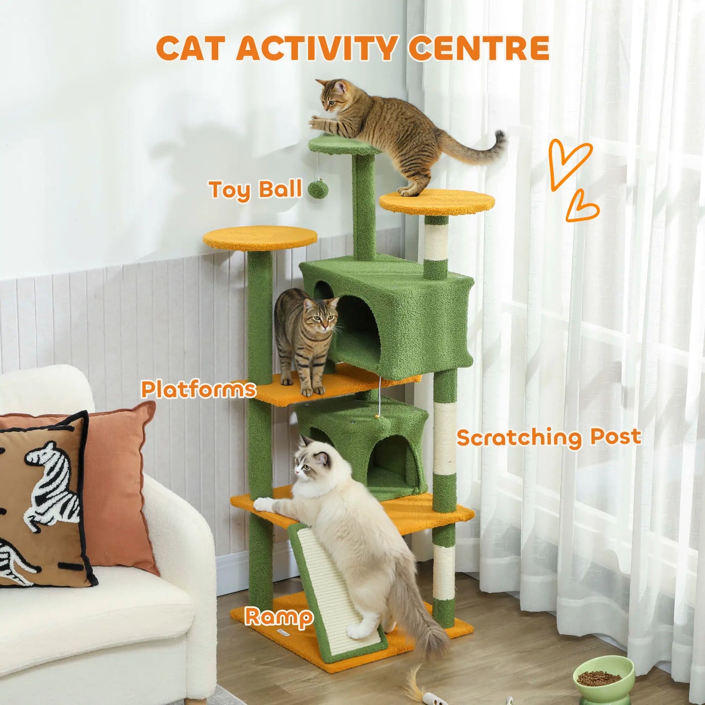 54" Cat Tree, Multi-Level Tower With Scratching Posts, Condos, Bed, Green