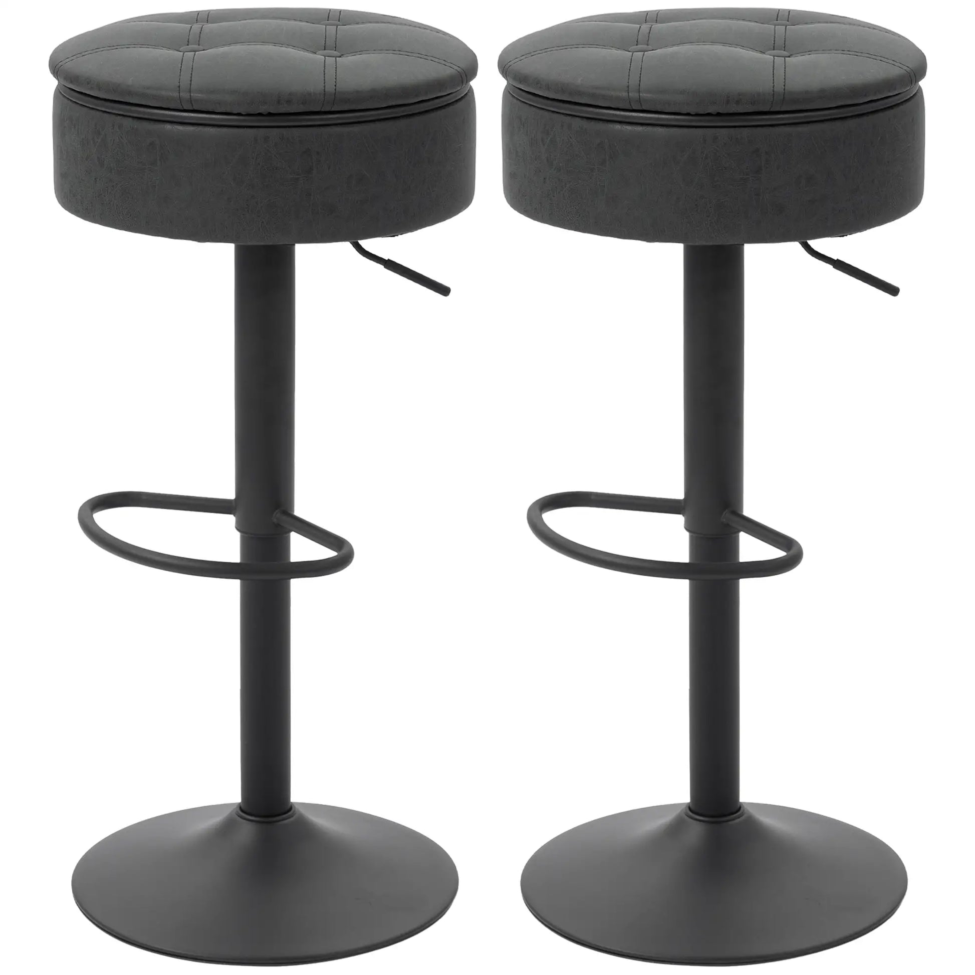 Set of 2 Barstools with Storage, Swivel, PU Leather, Footrest, Steel Base, Black Bar Stools Black at Gallery Canada