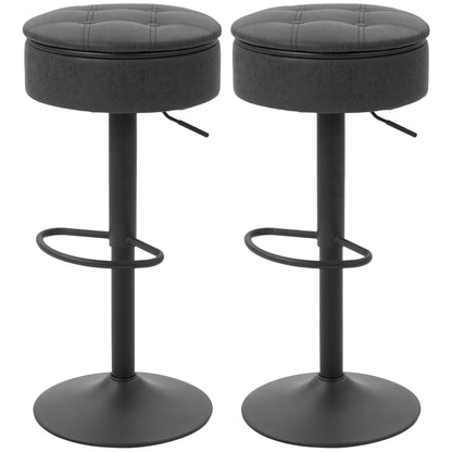 Set of 2 Barstools with Storage, Swivel, PU Leather, Footrest, Steel Base, Black Bar Stools Black at Gallery Canada