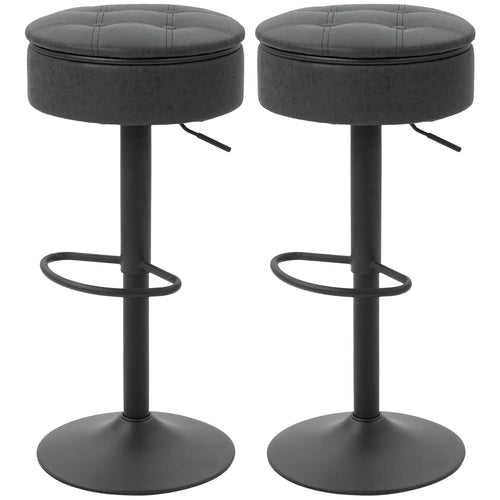 Set of 2 Barstools with Storage, Swivel, PU Leather, Footrest, Steel Base, Black