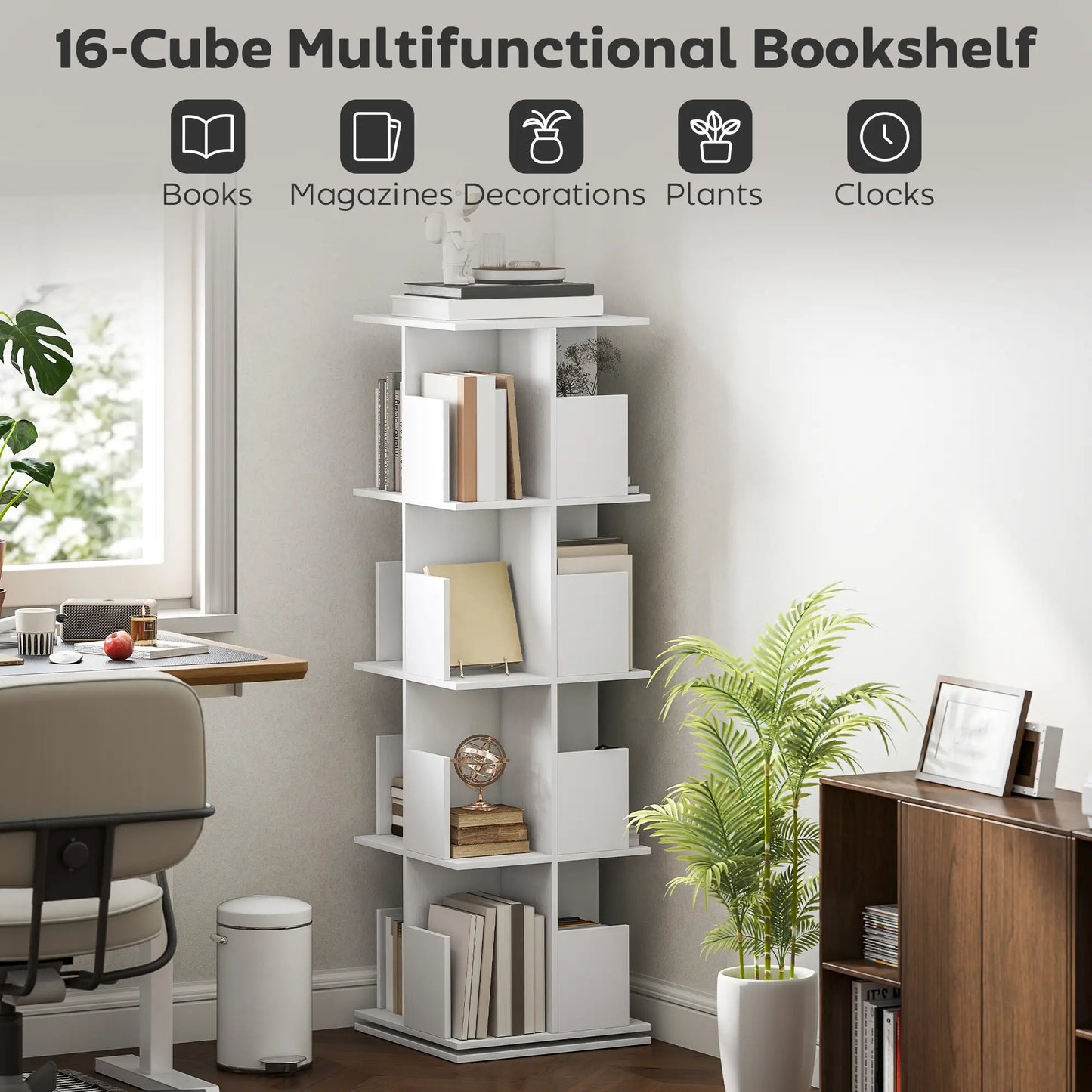 360° Rotating Bookcase, 4 Tier Bookshelf with 16 Cubbies, White Wood Grain, White Display Bookshelves at Gallery Canada
