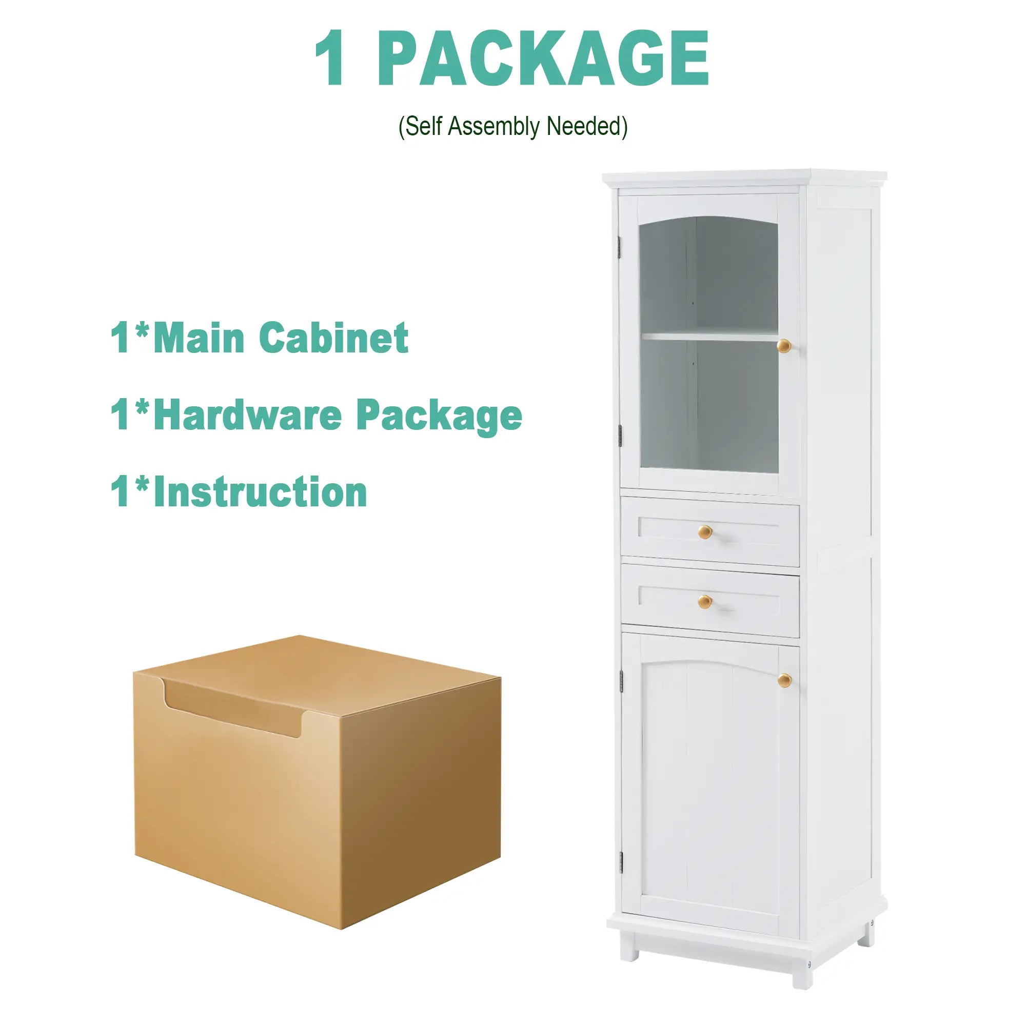 Bathroom Storage Cabinet, Glass Doors, Adjustable Shelves, 18