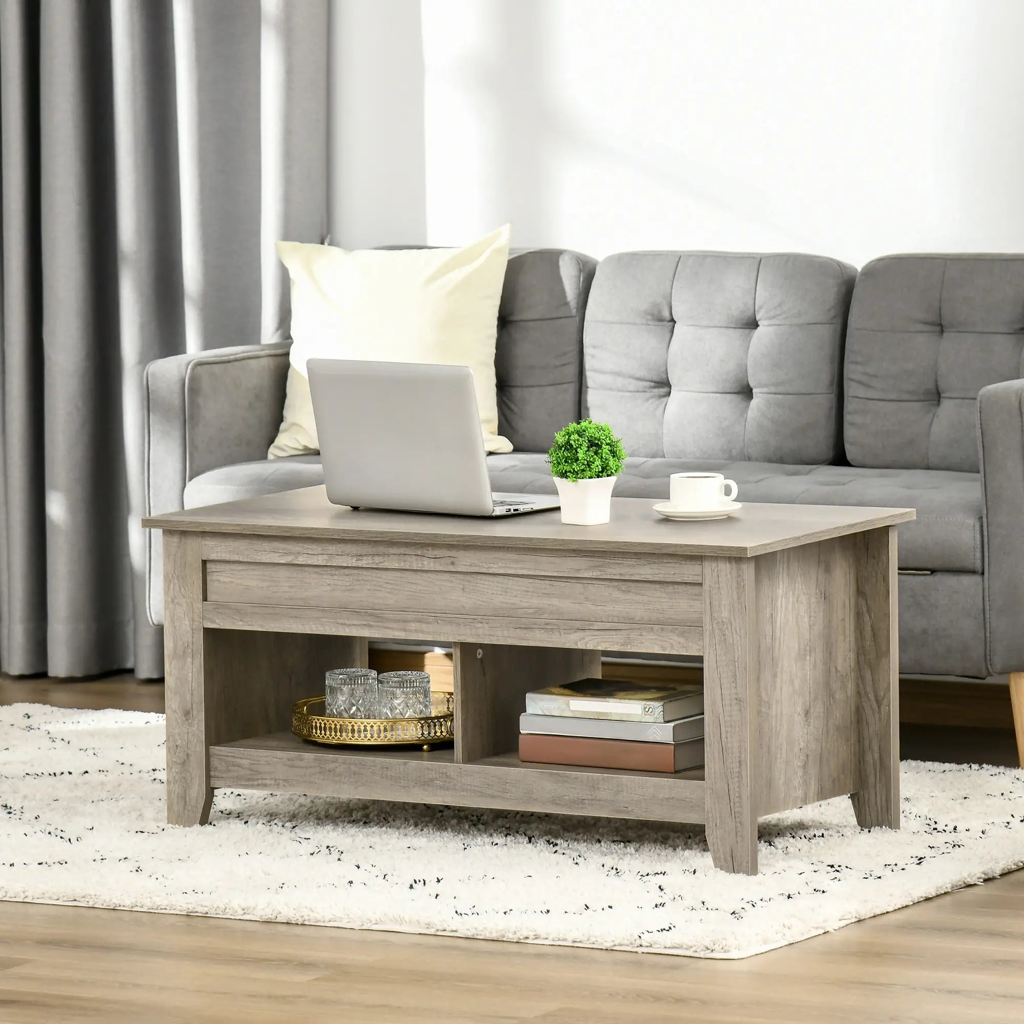Lift Top Coffee Table, Hidden Storage, Open Shelves, Oak Effect Coffee Tables at Gallery Canada