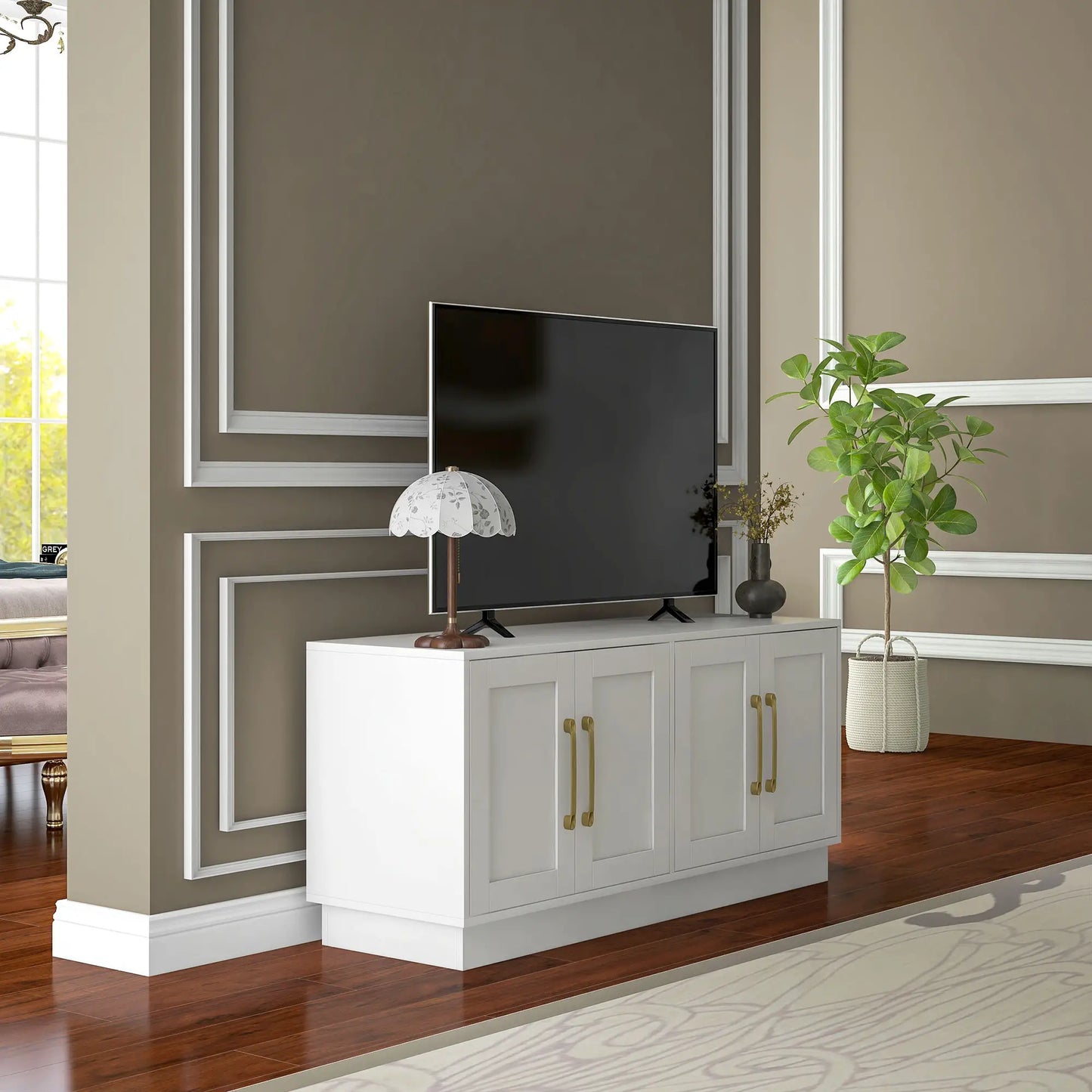 Modern TV Stand for 55" TV, Cabinet with 4 Doors, 2 Shelves, White TV Stands at Gallery Canada
