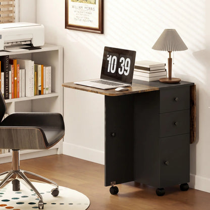 Drop Leaf Dining Table On Wheels With Drawers, Rustic Brown And Black, Brown, Black Dining Tables at Gallery Canada