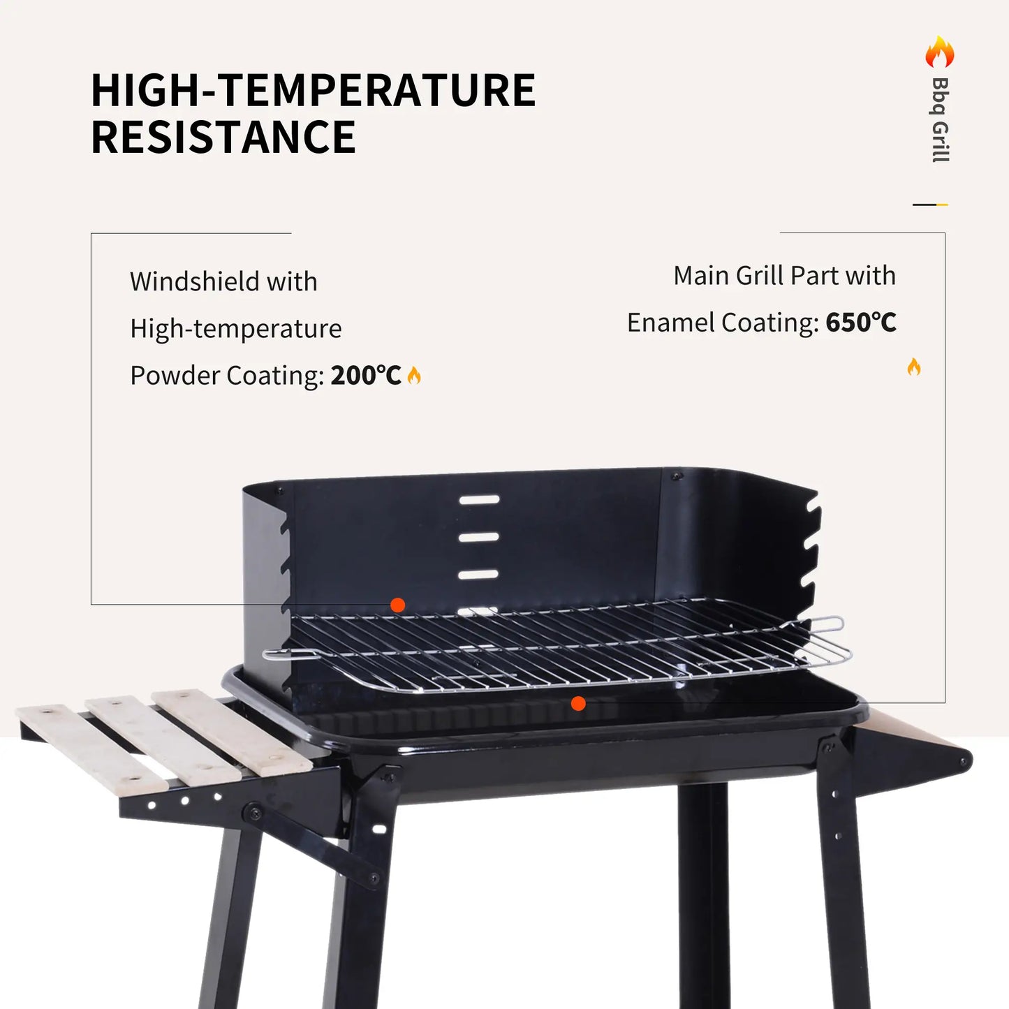 Charcoal BBQ Grill With Side Trays, Storage Shelf, Wheels