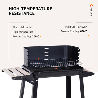 Charcoal BBQ Grill With Side Trays, Storage Shelf, Wheels