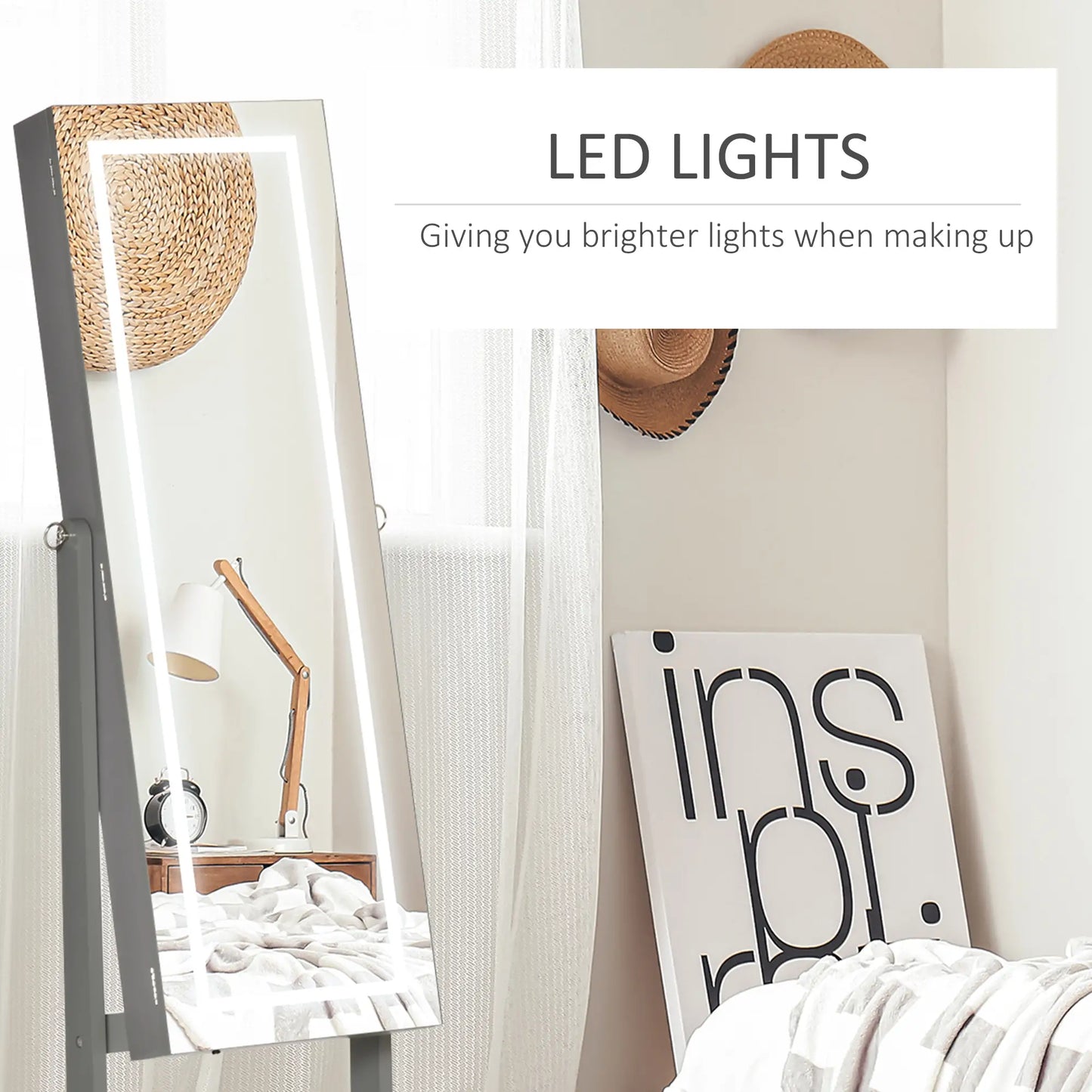 Lockable Jewelry Armoire with LED Light, Standing Mirror, Grey Jewelry Armoire & Jewellery Mirror Cabinets at Gallery Canada