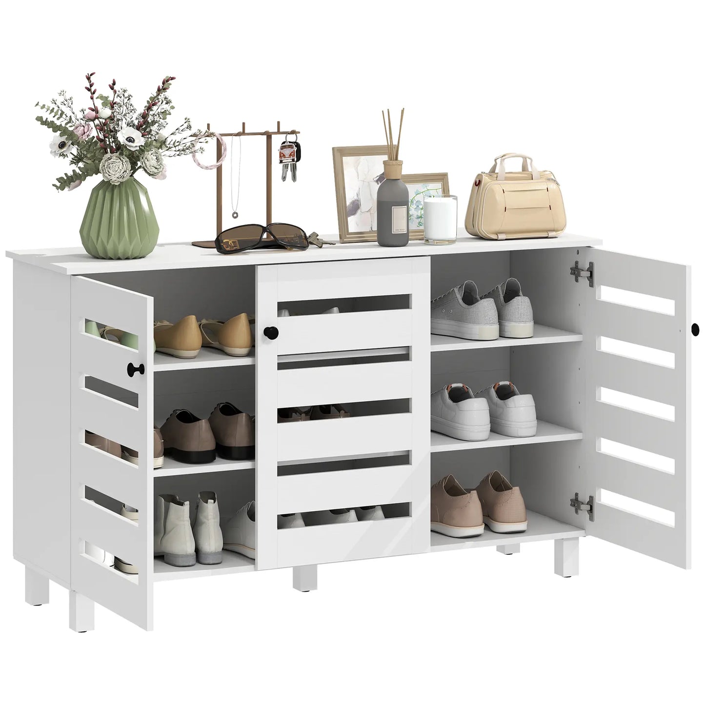 3-Door Shoe Cabinet, 3-Tier Adjustable Shelves For 15 Pairs, White