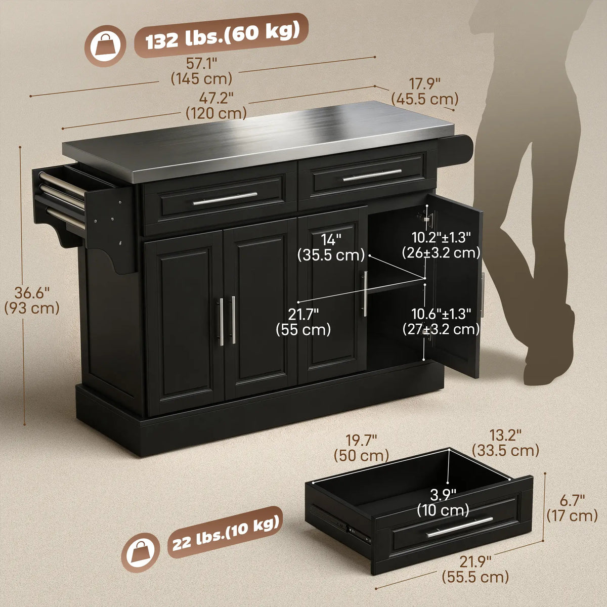 Îlot de cuisine roulant avec rangement, dessus en acier inoxydable, tiroirs, armoires